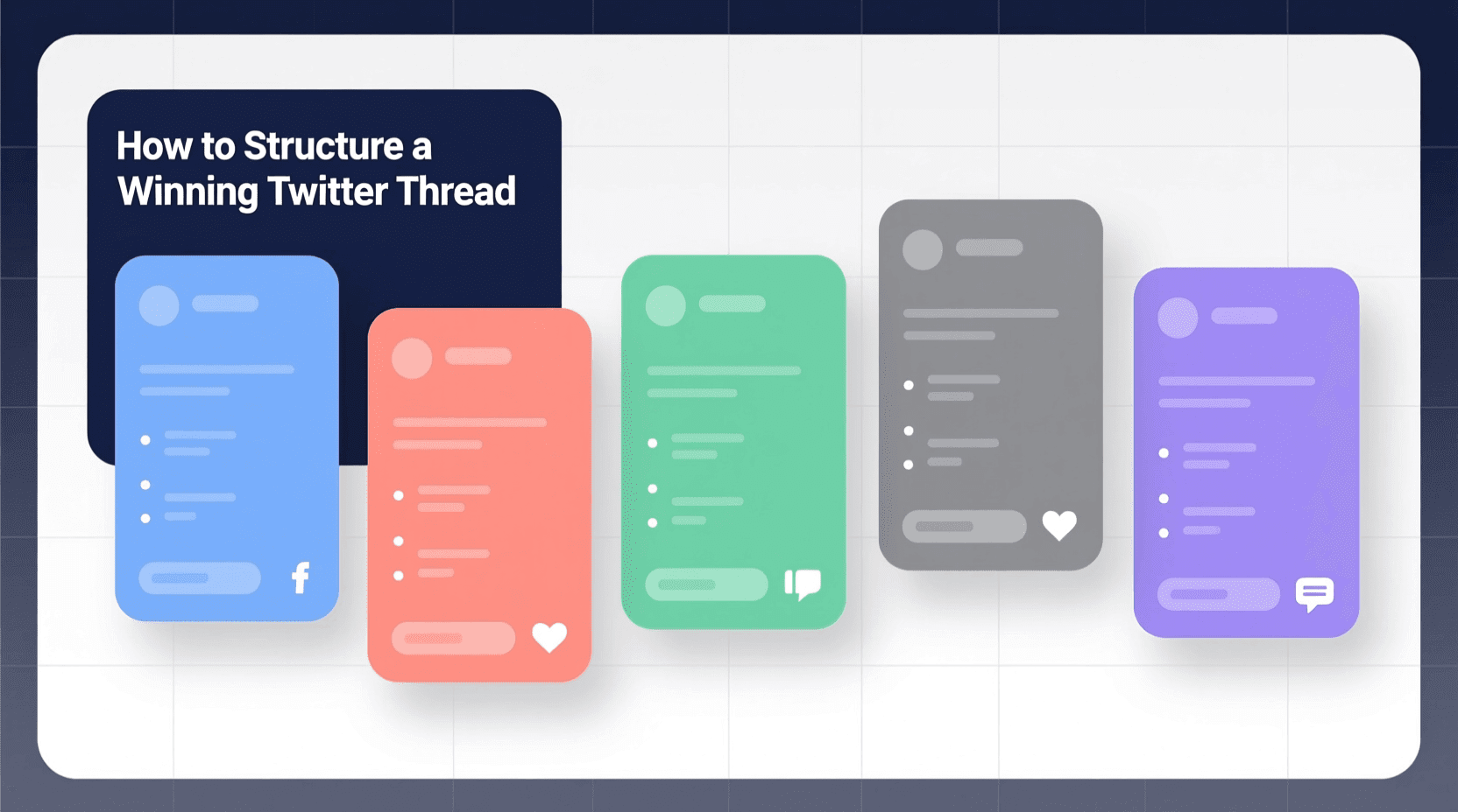 Illustration showing five stylized Twitter thread cards in different colors with the title “How to Structure a Winning Twitter Thread” on a dark blue background, highlighting effective business strategies for brand growth through impactful Twitter Threads. Uploaded on aifreeforever.com