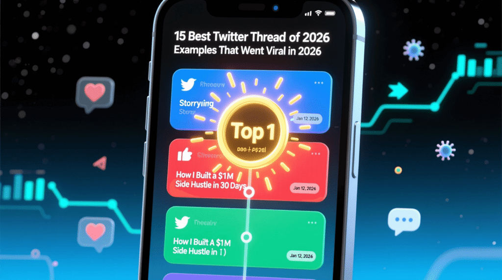 A smartphone screen displays a list of the best Twitter threads from 2026, complete with a glowing Top 1 badge and social media icons shining in the background. Uploaded on aifreeforever.com