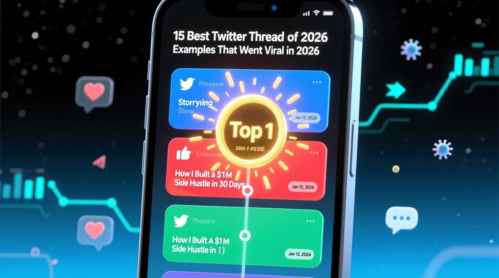 A smartphone screen displays a list of the best Twitter threads from 2026, complete with a glowing Top 1 badge and social media icons shining in the background. Uploaded on aifreeforever.com