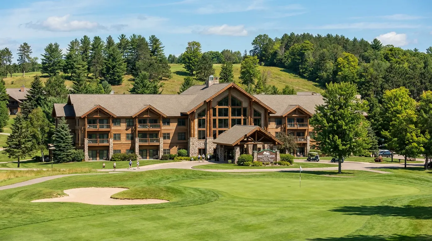 A large wooden lodge with balconies sits behind a well-manicured golf course, surrounded by trees and rolling green hills under a blue sky—an inviting scene typical of the best ski resorts in Michigan. Uploaded on aifreeforever.com