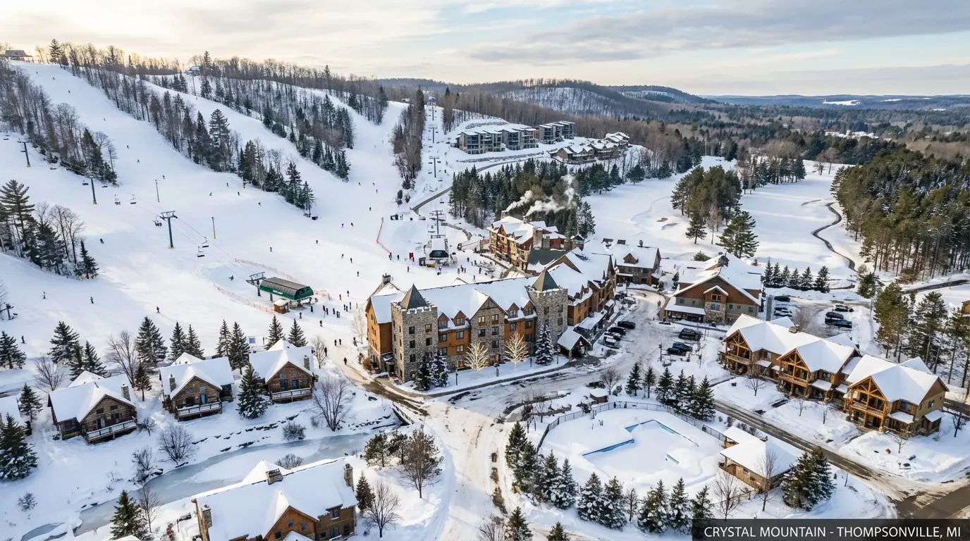 Aerial view of one of the best ski resorts in Michigan 2026, featuring snowy lodges, ski slopes, chairlifts, and scattered skiers surrounded by trees in a stunning winter landscape. Uploaded on aifreeforever.com