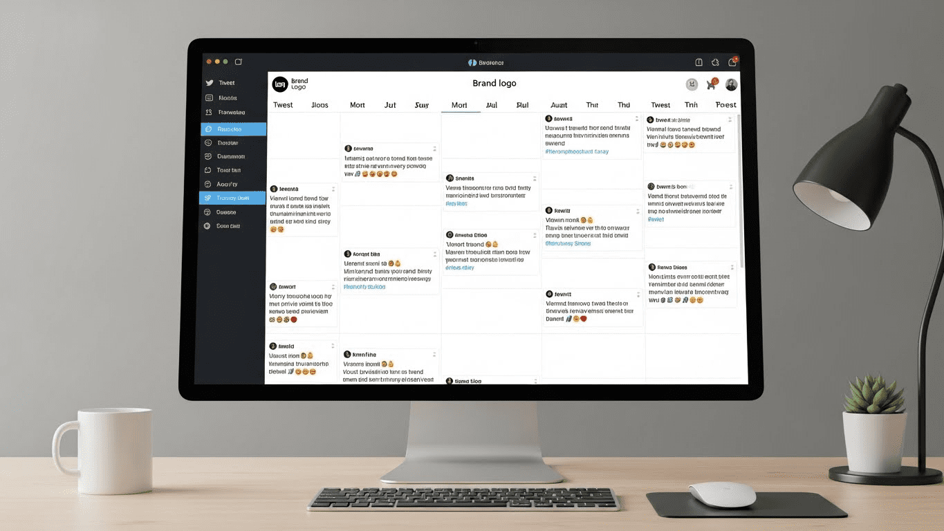 A computer monitor on a desk displays a social media management dashboard with scheduled posts, analytics, and creative ways to boost brand growth using tools like a Twitter post generator. Uploaded on aifreeforever.com