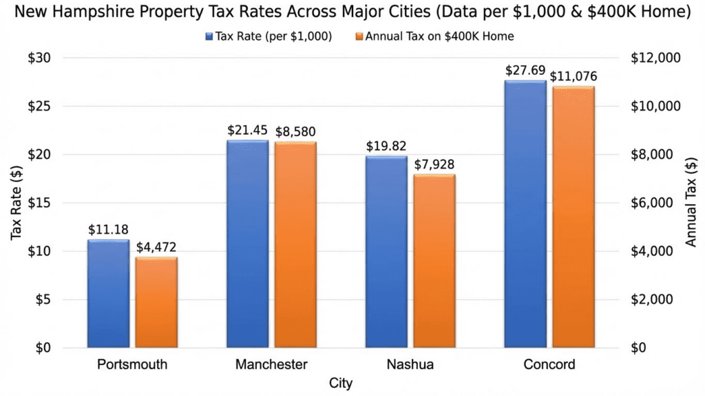 Bar chart comparing New Hampshire property tax rates across major cities including Portsmouth, Concord, Manchester, and Nashua