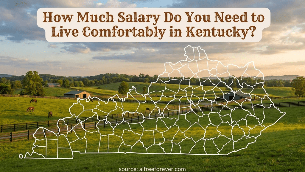 Map of Kentucky overlaid on a rural landscape with the text: How Much Salary in Kentucky Do You Need to Live Comfortably in 2026? Explore the cost of living Kentucky residents can expect. Uploaded on aifreeforever.com