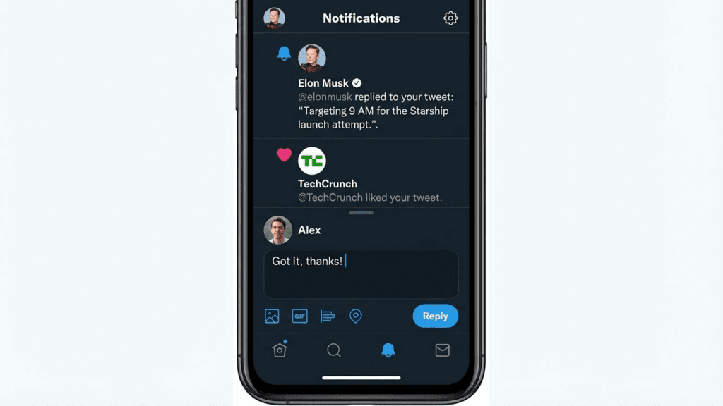 A smartphone screen displays Twitter notifications, including a reply from Elon Musk, a like from TechCrunch, and a message draft from Alex saying, "Got it, thanks!"—showcasing how engaging X posts spark lively conversations. Uploaded on aifreeforever.com