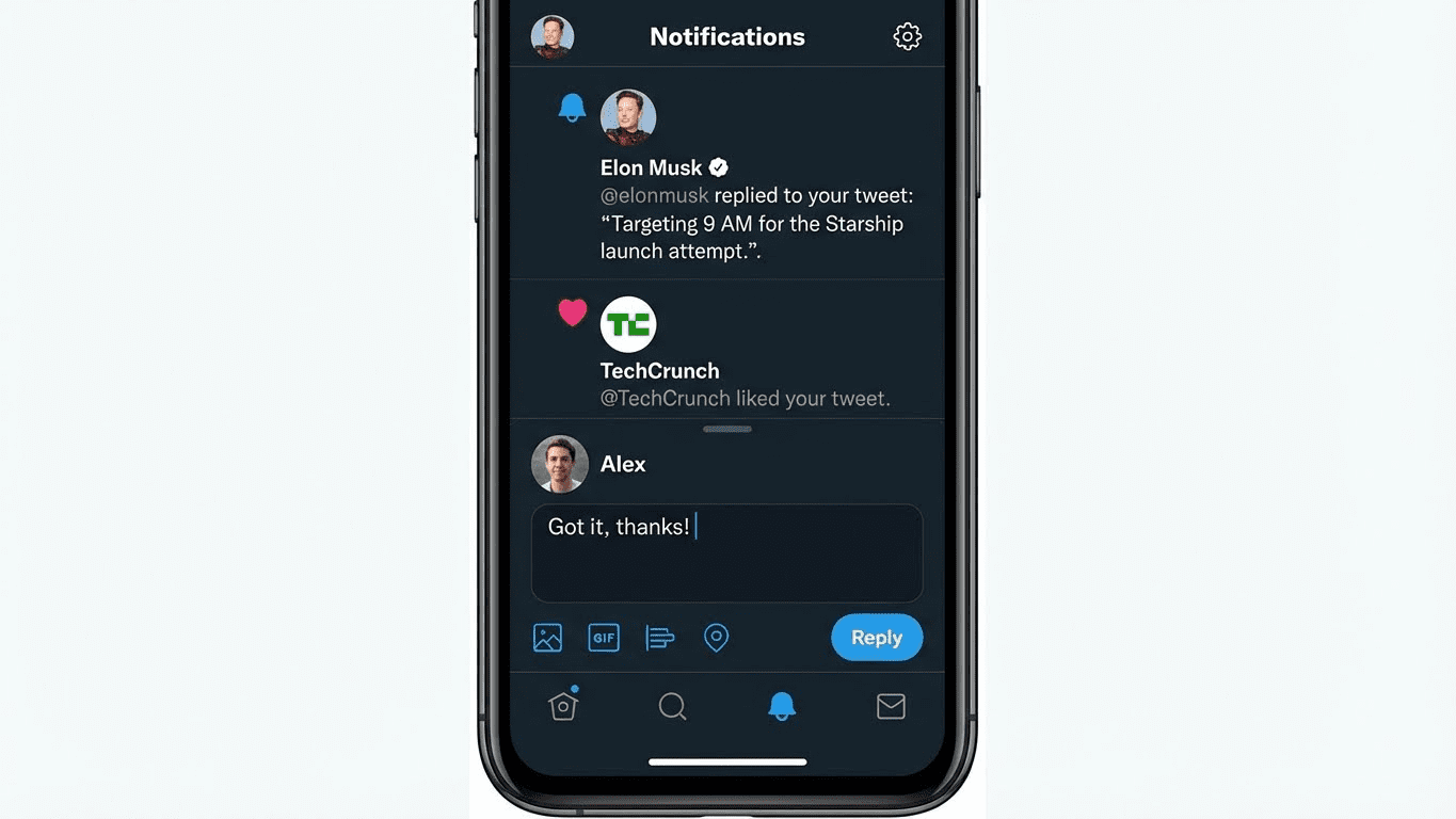 A smartphone screen displays Twitter notifications, including a reply from Elon Musk, a like from TechCrunch, and a message draft from Alex saying, "Got it, thanks!"—showcasing how engaging X posts spark lively conversations. Uploaded on aifreeforever.com