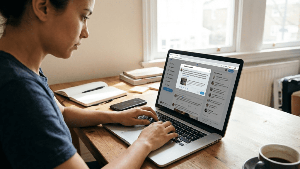Person using laptop Twitter feed content creation