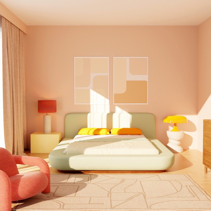A cozy bedroom with soft lighting.