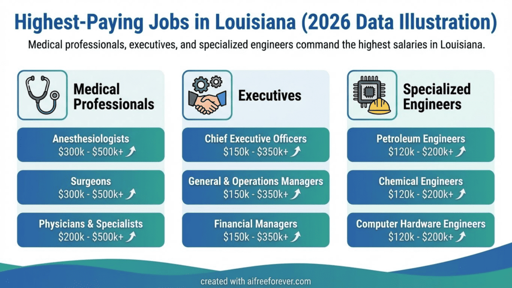 What Are the Highest-Paying Jobs in Louisiana? 2026 data illustration Medical professionals, executives, and specialized engineers command the highest salaries in Louisiana.