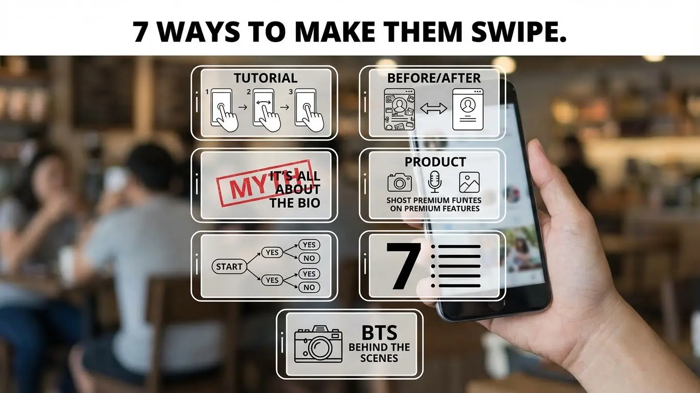 Hand holding phone in a cafe, with overlay text listing 7 Best ways to make them swipe on Instagram Carousel Posts, including tutorial, before/after, bio, product, interactive, list, and behind the scenes. Uploaded on aifreeforever.com
