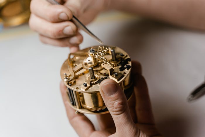 A detailed view of a watchmaker fixing a clock mechanism highlighting precision and skill.