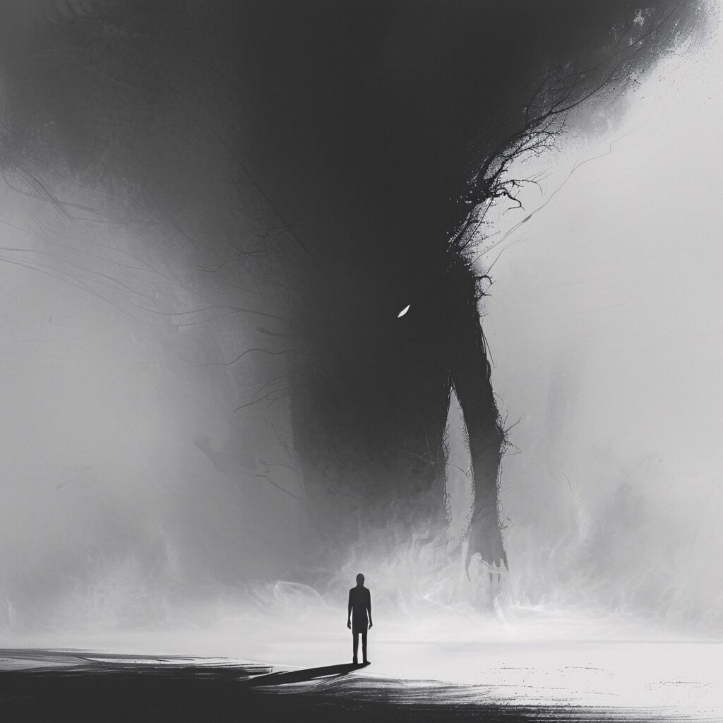 ai generated, surreal, monster, shadow, nightmare, monochrome, contrast, beast, human, figure, menacing, large, introspection, art, digital, dark, fantasy, conceptual, mysterious, ethereal, drama, design, imagination, visual