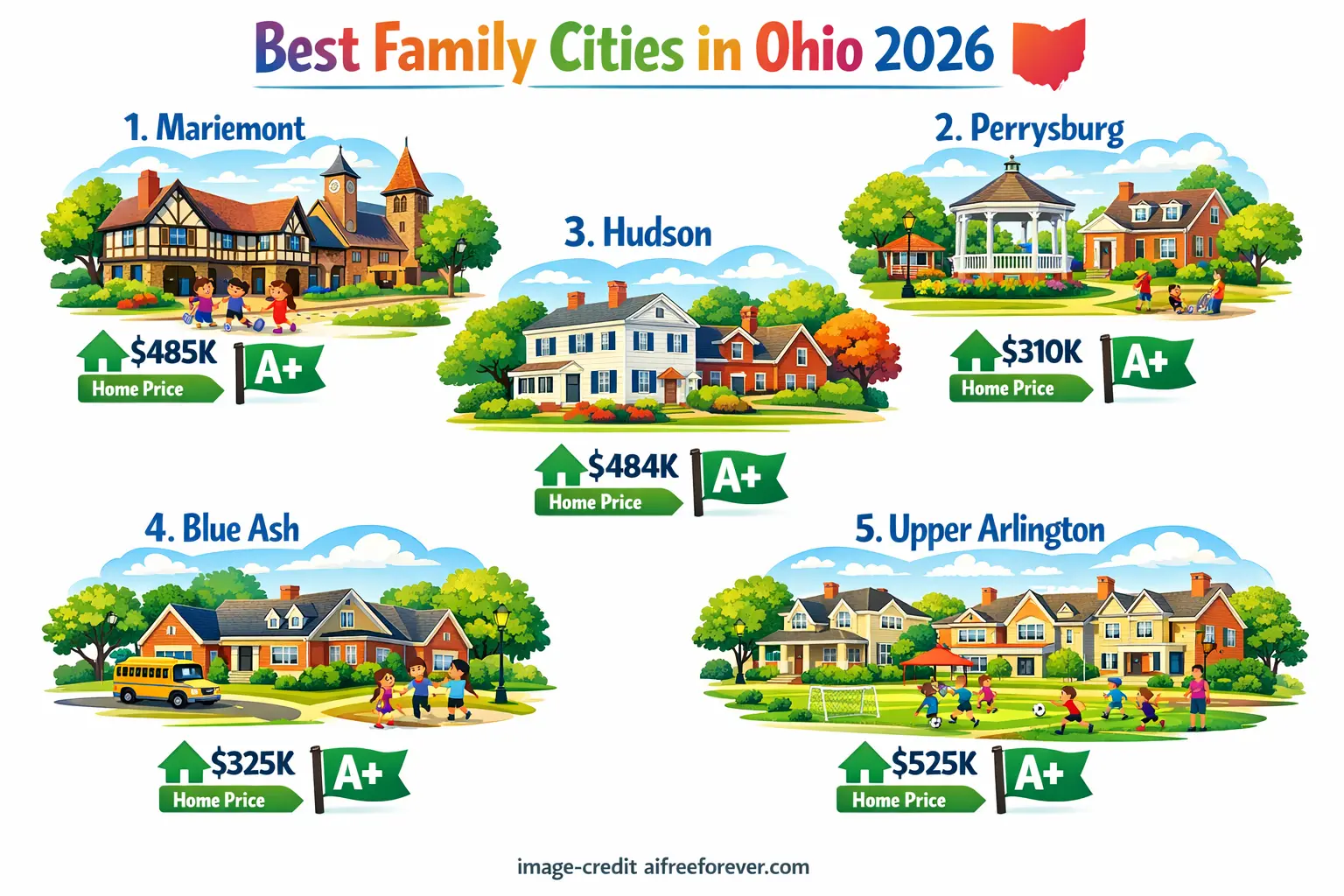 Infographic reveals the 2026 Rankings of the Best Cities in Ohio for Families, listing Mariemont, Perrysburg, Hudson, Blue Ash, and Upper Arlington with average home prices and A+ ratings. Uploaded on aifreeforever.com