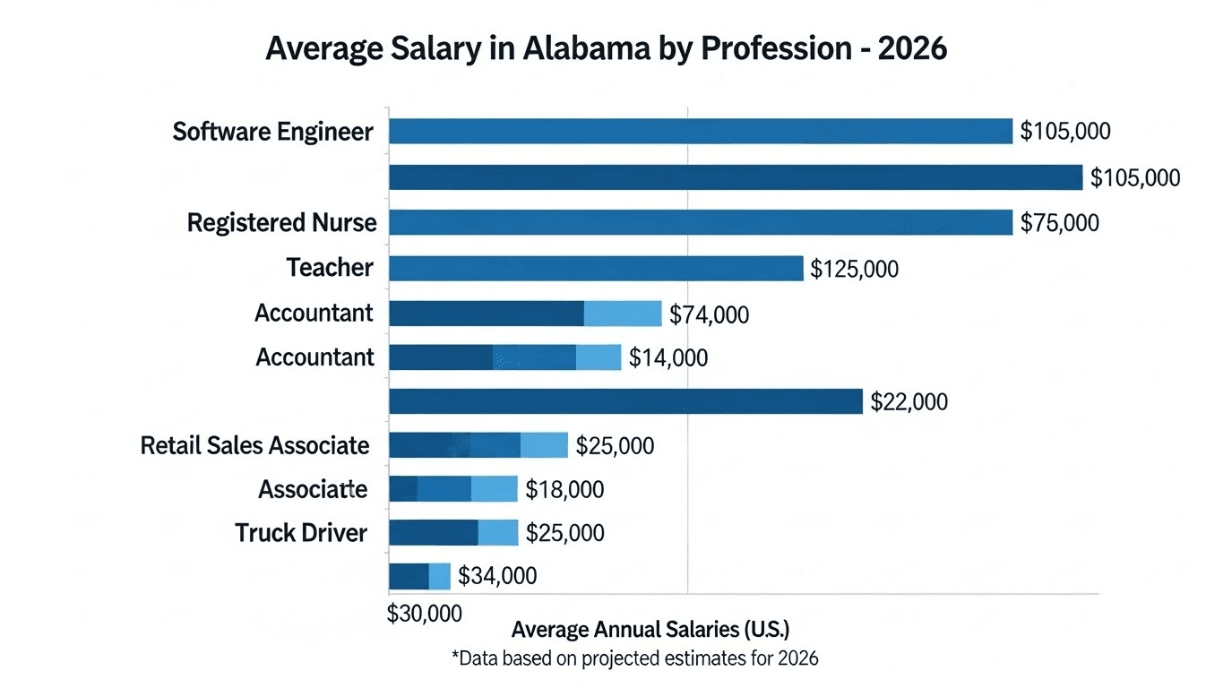 Bar chart illustrating Alabama Salary 2026 data by profession; teacher leads with an average salary of $125,000, while accountant trails at $14,000. Uploaded on aifreeforever.com