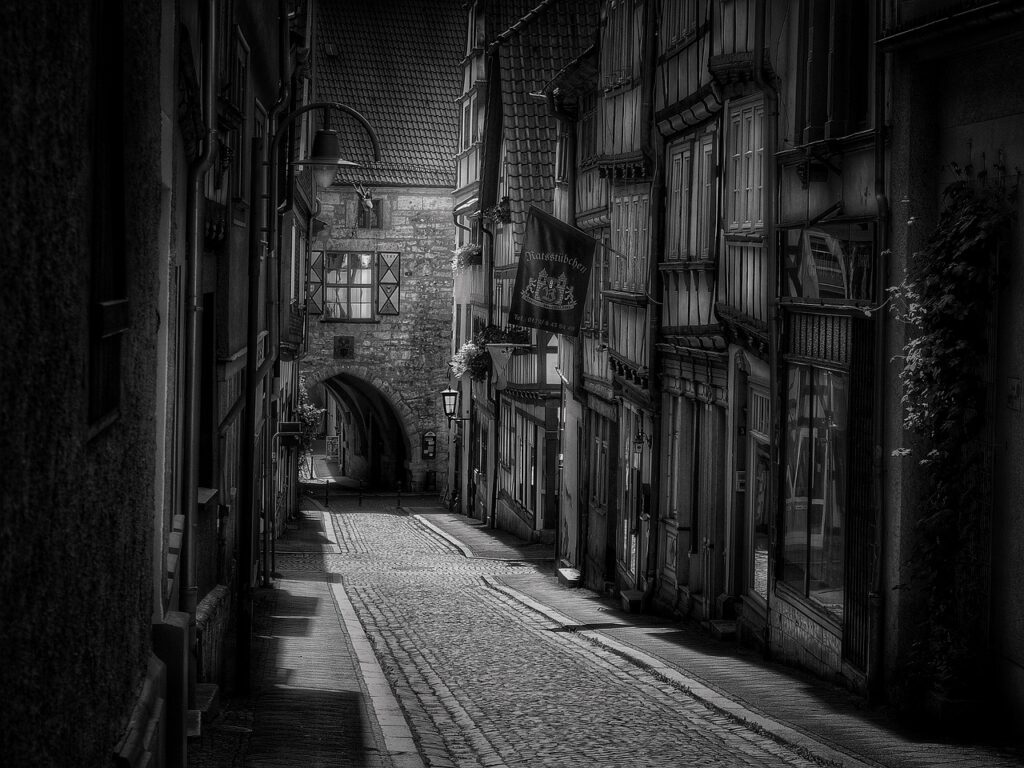 road, cobblestones, alley, town, street, establishments, cobblestone street, medieval village, black and white, monochrome, road, alley, alley, street, street, street, street, street