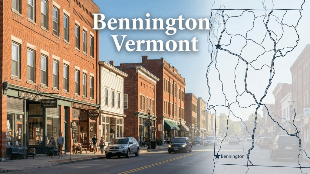 Downtown Bennington, Vermont, one of the cheapest places in Vermont, features historic brick buildings, lively storefronts, cars on the street, and a map highlighting Bennington’s location within the state. Uploaded on aifreeforever.com