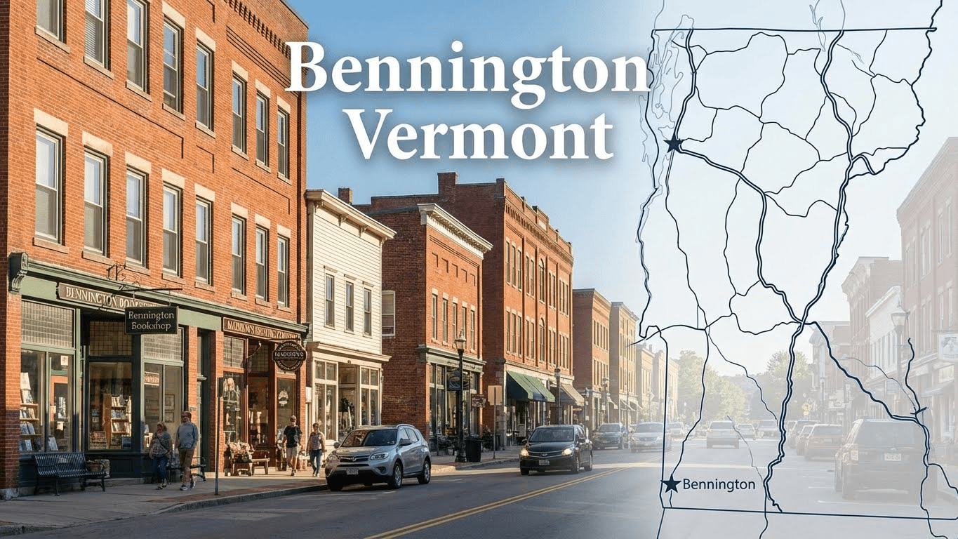 Downtown Bennington, Vermont, one of the cheapest places in Vermont, features historic brick buildings, lively storefronts, cars on the street, and a map highlighting Bennington’s location within the state. Uploaded on aifreeforever.com