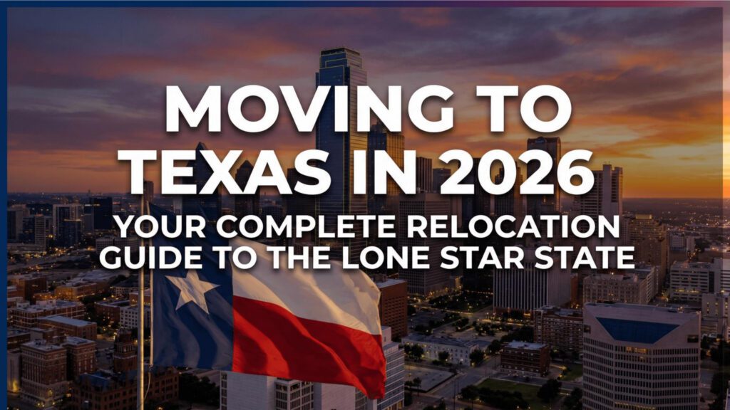 A Texas flag waves in front of a city skyline at sunset with text overlay: Moving to Texas in 2026. Your complete Texas relocation guide for an easy move to the Lone Star State. Uploaded on aifreeforever.com