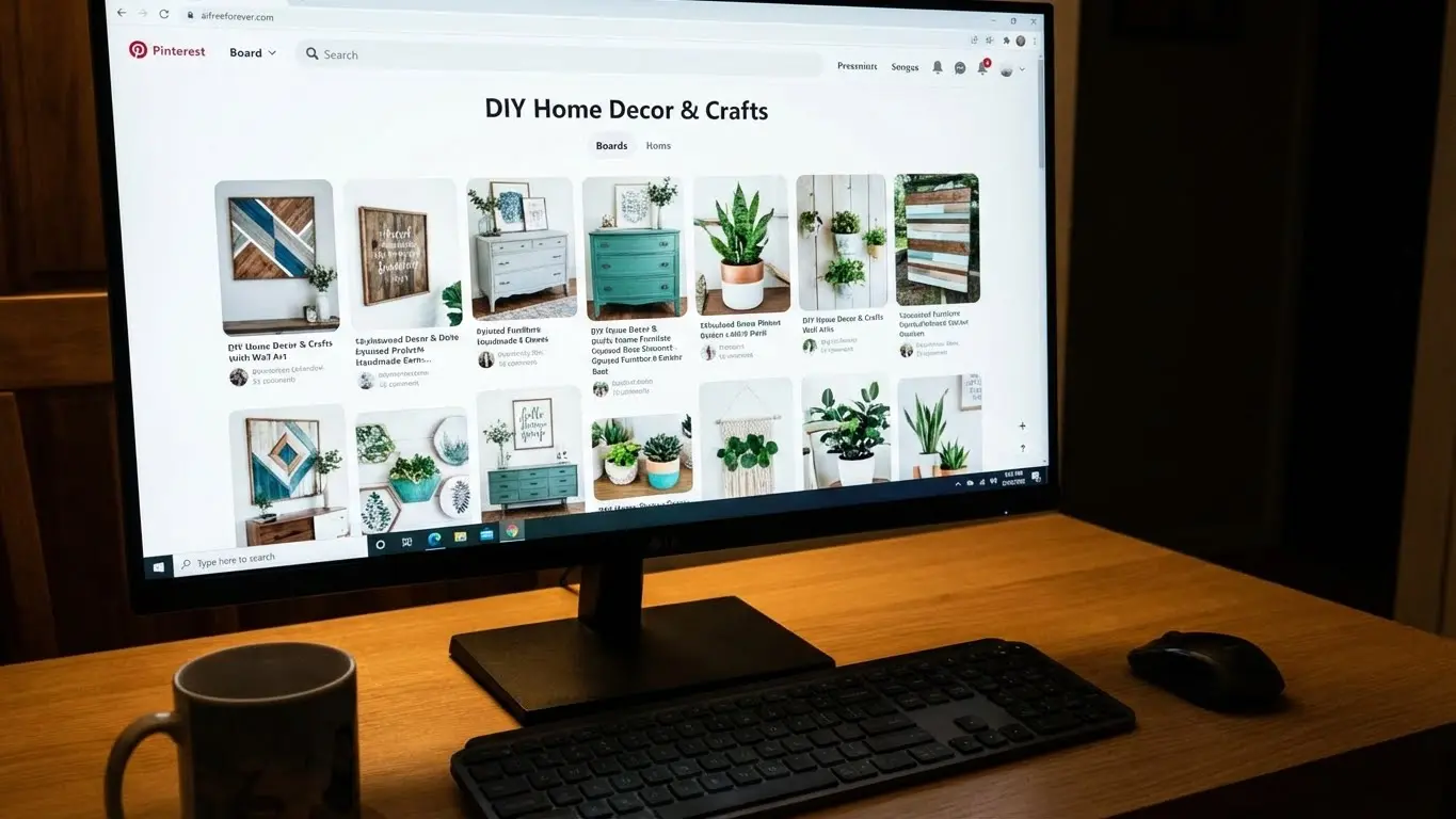 A computer monitor displays a Pinterest page with DIY home decor and crafts ideas; a keyboard, mouse, and mug sit on the desk—perfect for planning your Pinterest strategy to boost website traffic. Uploaded on aifreeforever.com