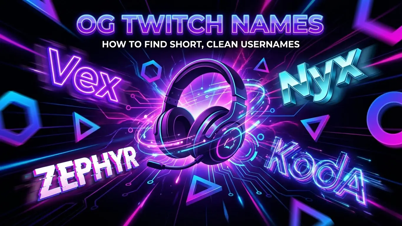 A digital graphic with a headset in the center, surrounded by the words Vex, Nyx, Zephyr, and Koda, featuring the title OG Twitch Names above—perfect for finding short clean usernames for 2026. Uploaded on aifreeforever.com