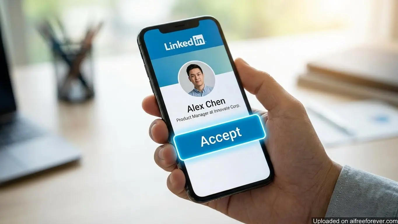 A person holds a smartphone displaying a LinkedIn profile for Alex Chen, Product Manager at Innovate Corp, highlighting an Accept button—perfect for growing your LinkedIn connections. Uploaded on aifreeforever.com