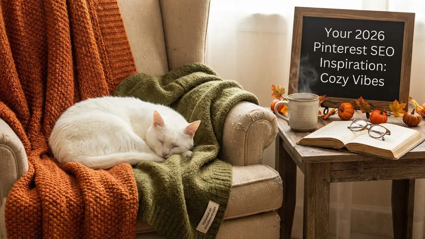 A white cat sleeps on an armchair draped with orange and green blankets beside a table with a mug, open book, autumn decor, and a chalkboard sign featuring Pinterest SEO strategy tips for boosting your Pinterest traffic. Uploaded on aifreeforever.com