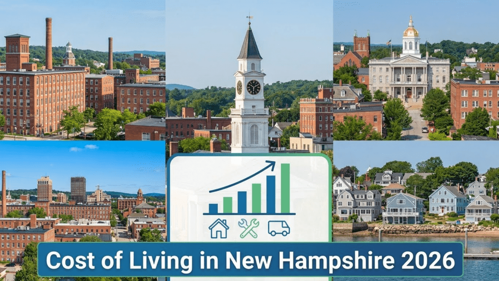 A collage of New Hampshire cityscapes features a chart icon and the text Cost of Living New Hampshire 2026 at the bottom, offering a visual cost breakdown for the state. Uploaded on aifreeforever.com
