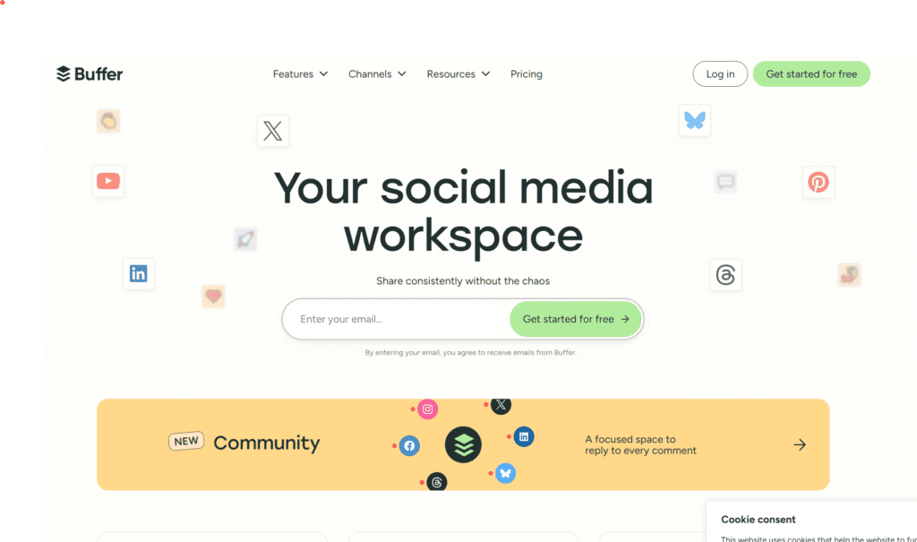 Buffer website homepage displaying the tagline Your social media workspace, featuring tools for X account growth, an email signup box, navigation menu, and various social media icons in the background as one of the top Typefully alternatives. Uploaded on aifreeforever.com
