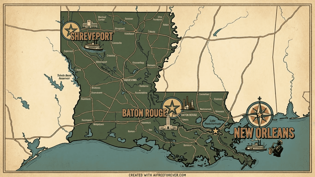 Louisiana state map highlighting major employment centers including New Orleans, Baton Rouge, and Shreveport