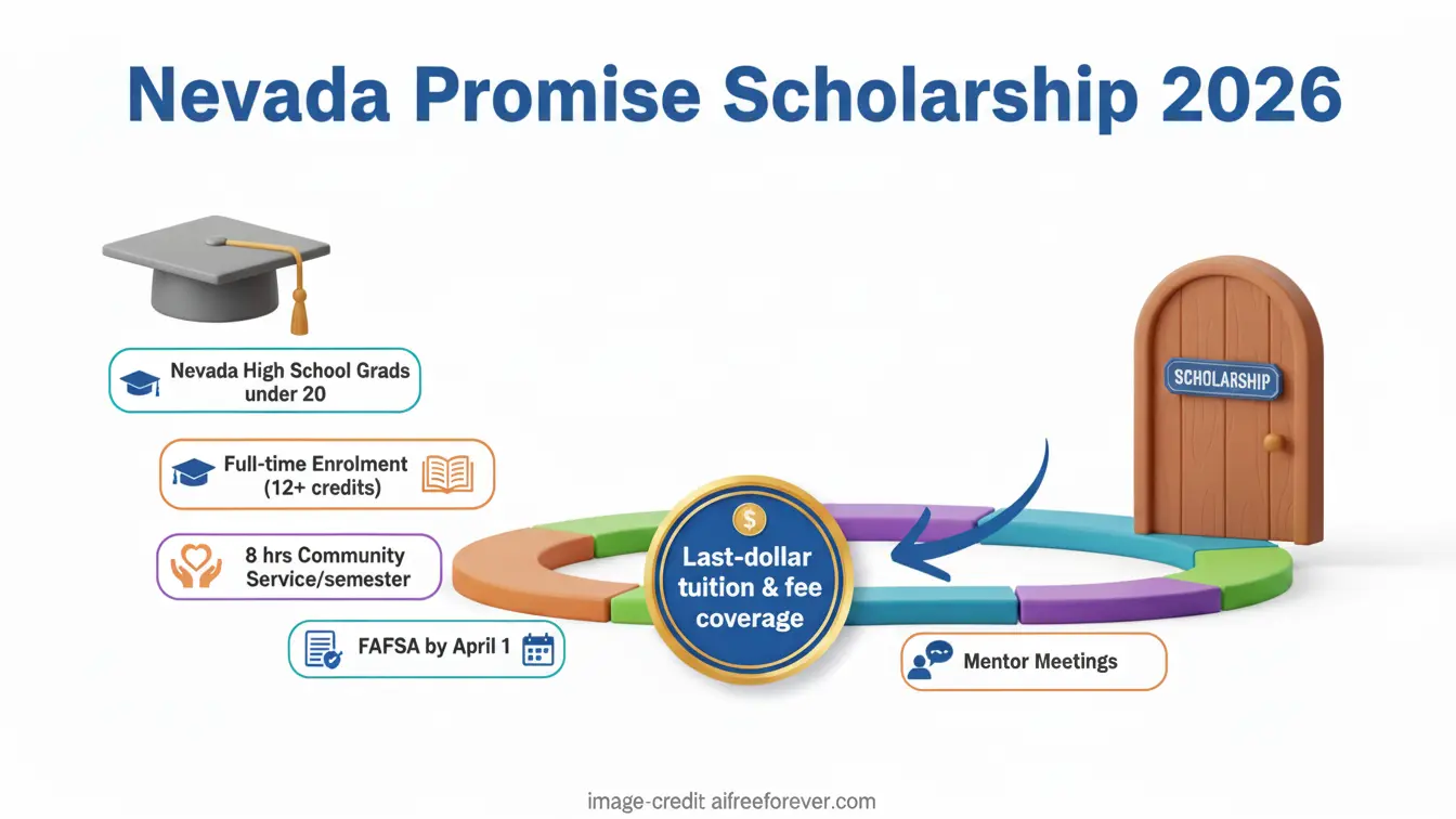 Infographic showing steps to the Nevada Promise Scholarship 2026—including eligibility, service hours, FAFSA, mentor meetings, and last-dollar tuition and fee coverage—to help students access affordable colleges in Nevada and reduce college costs. Uploaded on aifreeforever.com