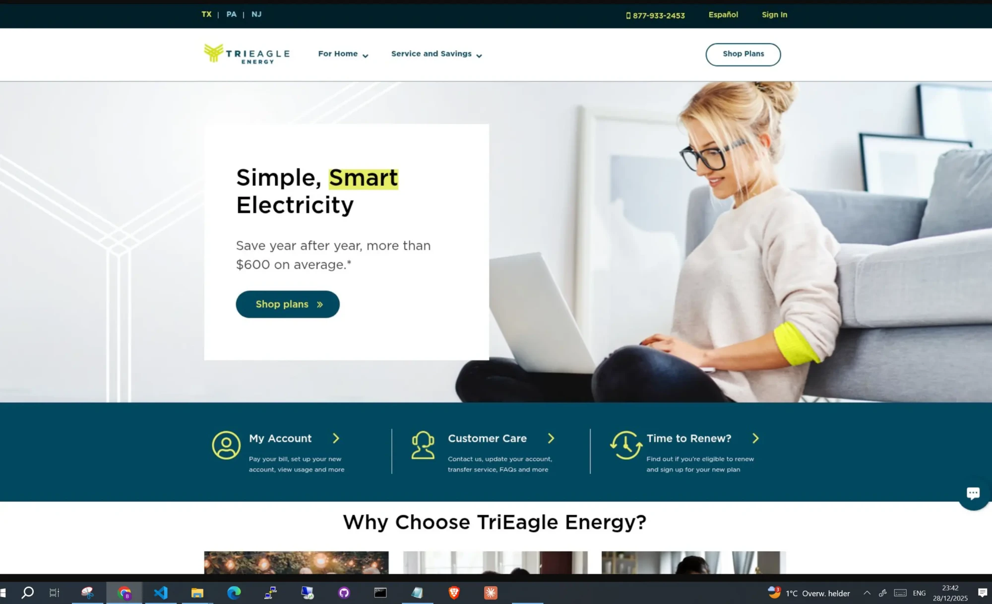 A woman with glasses sits on a couch using a laptop. The website promotes TriEagle Energy, a leading Electricity Provider in Texas, with the tagline Simple, Smart Electricity and options to compare rates and shop 2026 plans. Uploaded on aifreeforever.com