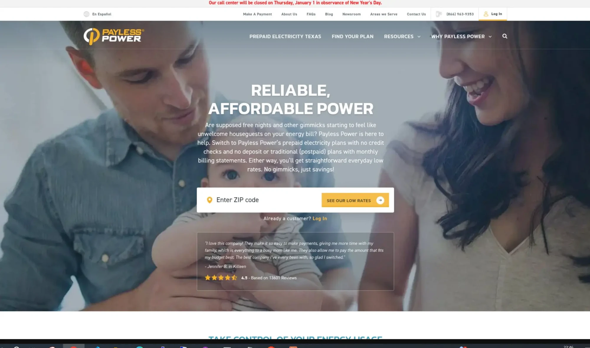 A man and woman look at a baby while a Payless Power website overlay displays a prompt to enter a zip code to compare electricity rates and find affordable Texas electricity plans. Uploaded on aifreeforever.com