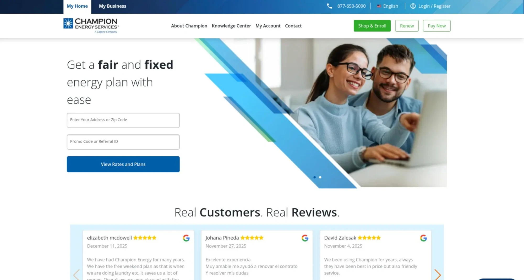 A smiling couple sits at a table using a laptop on the Champion Energy Services website, where Texas electricity providers present electricity plans 2026 and customer reviews appear below. Uploaded on aifreeforever.com
