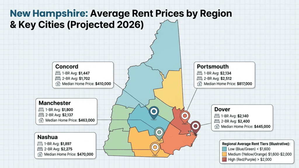 Map of New Hampshire showing average rent prices by region with Portsmouth, Manchester, Nashua, and Concord highlighted