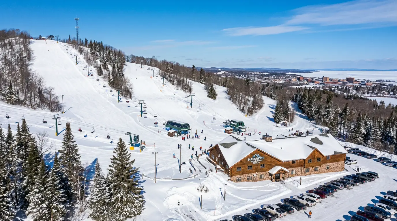 Aerial view of one of the best ski resorts in Michigan 2026: snowy slopes with chairlifts, skiers, a large wooden lodge, parked cars, and a scenic forested landscape beneath a clear blue sky. Uploaded on aifreeforever.com