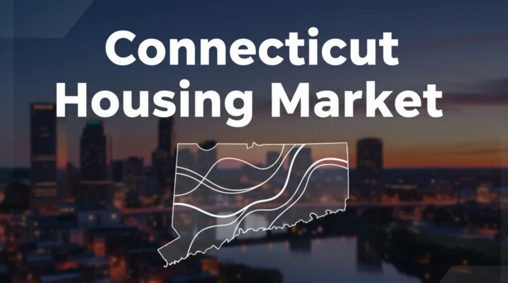 Text reads Connecticut Housing Market over an outline map of Connecticut with abstract lines, set against a blurred cityscape at dusk, hinting at housing prices trends and the 2026 forecast. Uploaded on aifreeforever.com