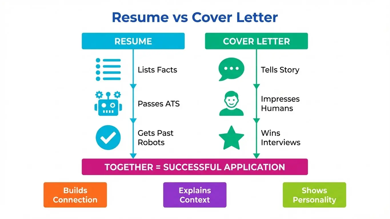 infographic showing cover letter vs resume differences and when to use each for job applications