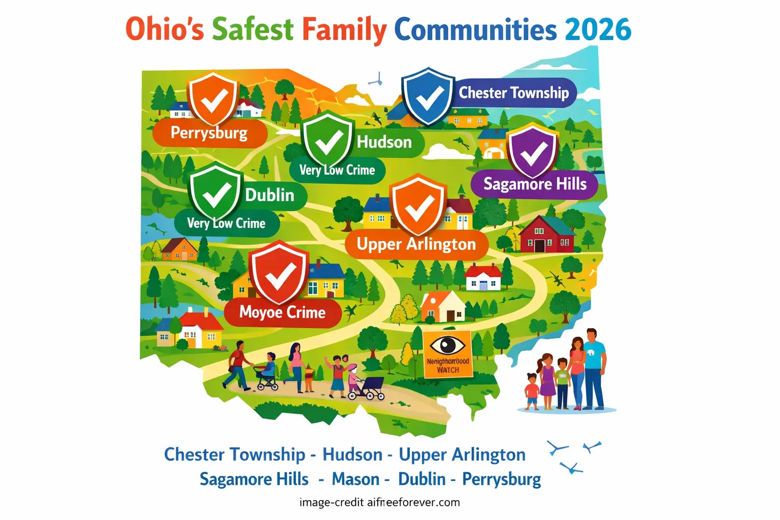 Illustrated map of Ohio highlighting the Best Cities in Ohio for Families, featuring 2026 Rankings of the safest family communities, including Chester Township, Hudson, Upper Arlington, Perrysburg, Dublin, and Sagamore Hills. Uploaded on aifreeforever.com