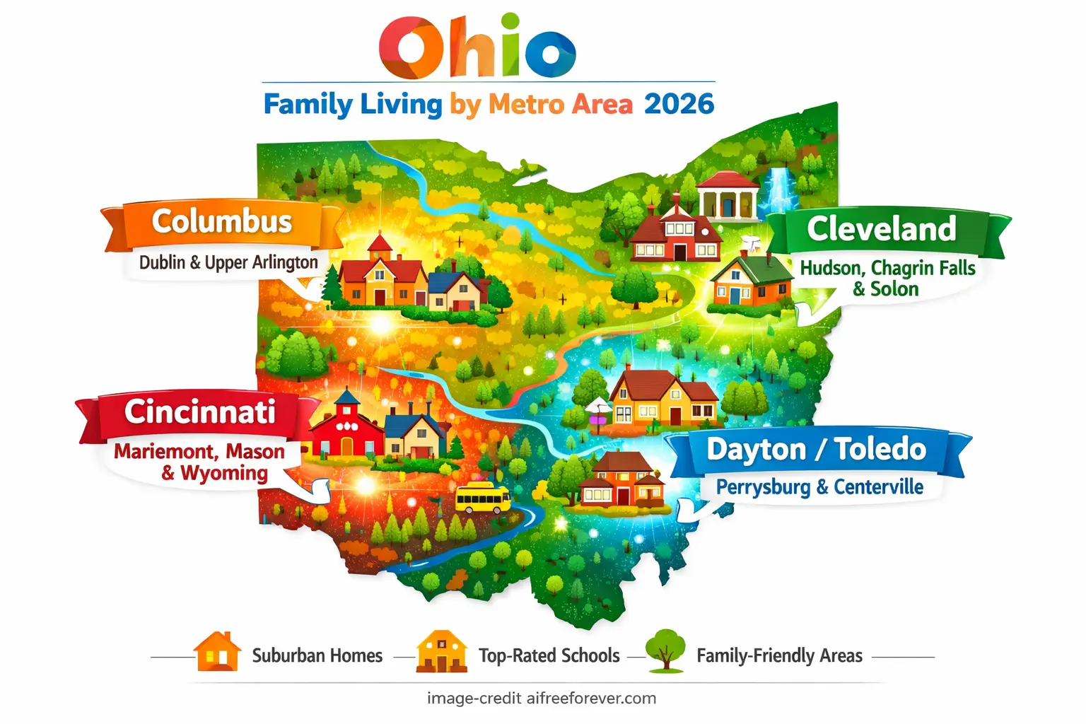 Illustrated map of Ohio showcasing the Best Cities in Ohio for families in 2026—Columbus, Cleveland, Cincinnati, and Dayton/Toledo—highlighting schools, suburban homes, and family-friendly areas from the latest 2026 rankings. Uploaded on aifreeforever.com