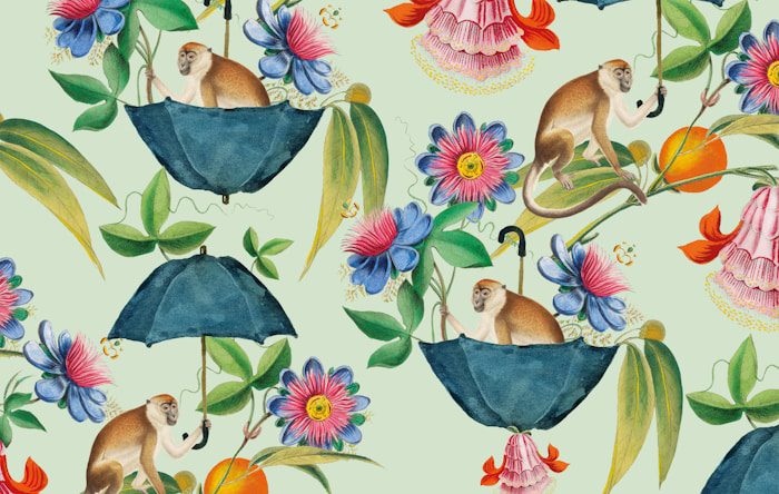 blue and green umbrella and birds painting