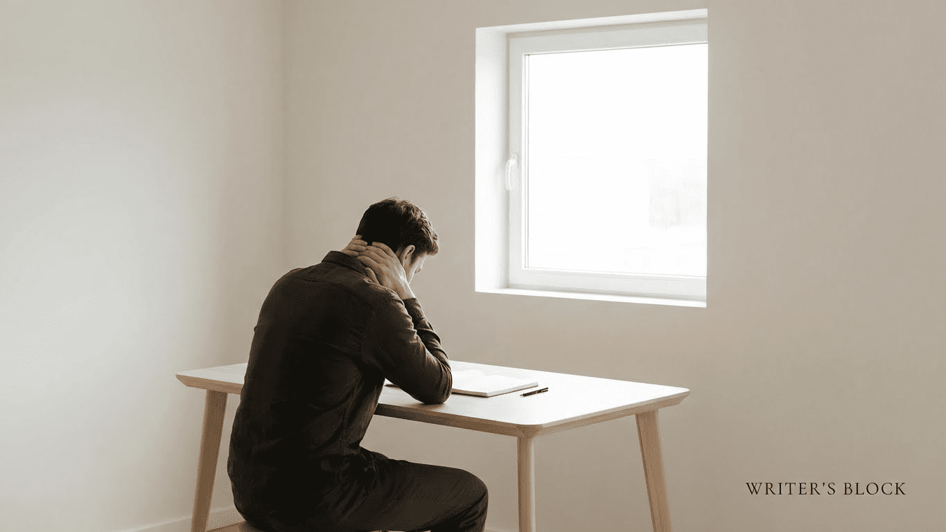 A person sits at a desk in a minimal room, holding their neck and looking down at a notebook with an open window nearby. The phrase "Twitter Writer's Block" appears in the corner, hinting at 2026 struggles despite new AI tools. Uploaded on aifreeforever.com