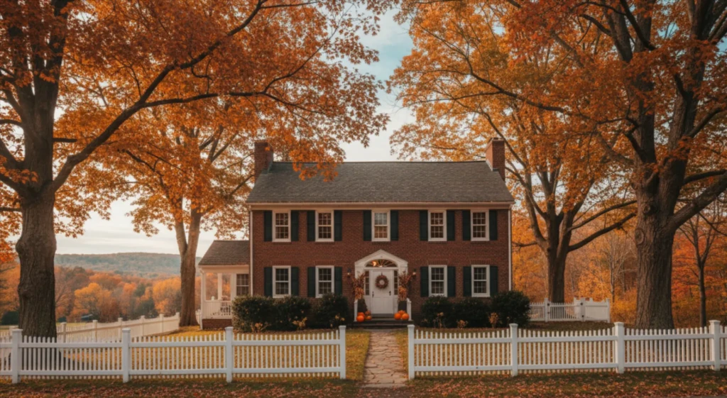 A two-story brick house with white trim and a white picket fence is surrounded by large trees with autumn foliage. Pumpkins decorate the front porch, reflecting the charm sought after in the Connecticut housing market. Uploaded on aifreeforever.com