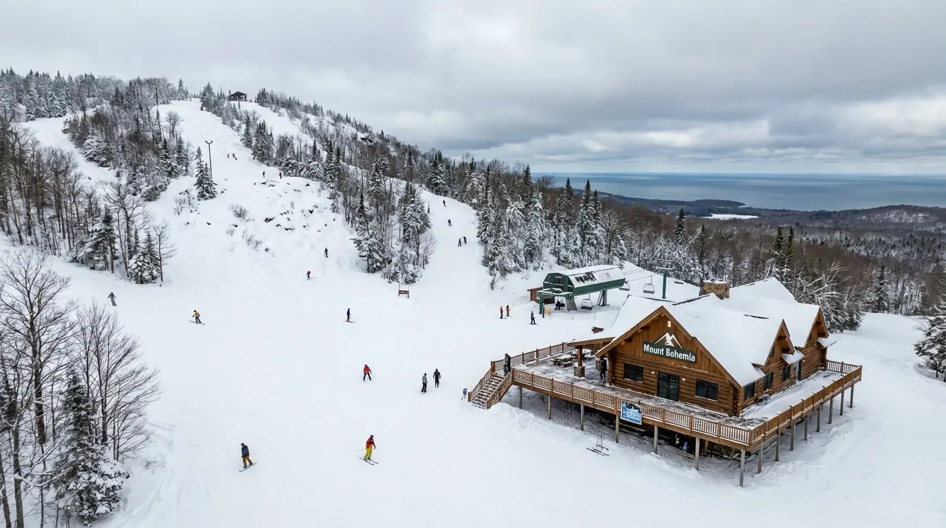 Skiers descend snowy slopes near a wooden lodge and ski lift at one of the Best Ski Resorts Michigan has to offer, surrounded by trees and a cloudy sky—an ideal winter getaway for Michigan 2026. Uploaded on aifreeforever.com