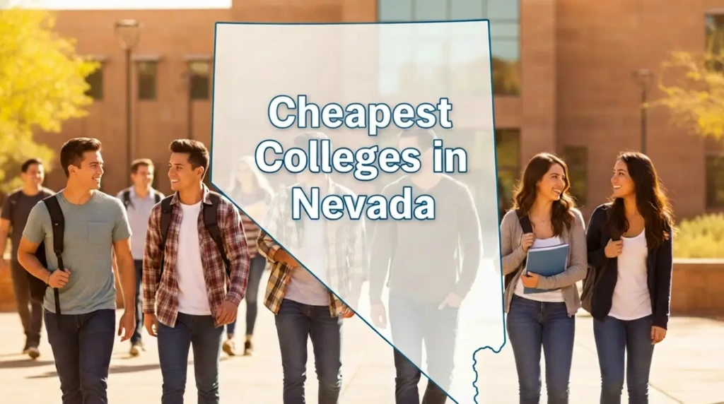 A group of students walk together outdoors with text overlay reading Affordable Colleges Nevada inside an outline of the state, highlighting the best options for low Nevada college cost. Uploaded on aifreeforever.com