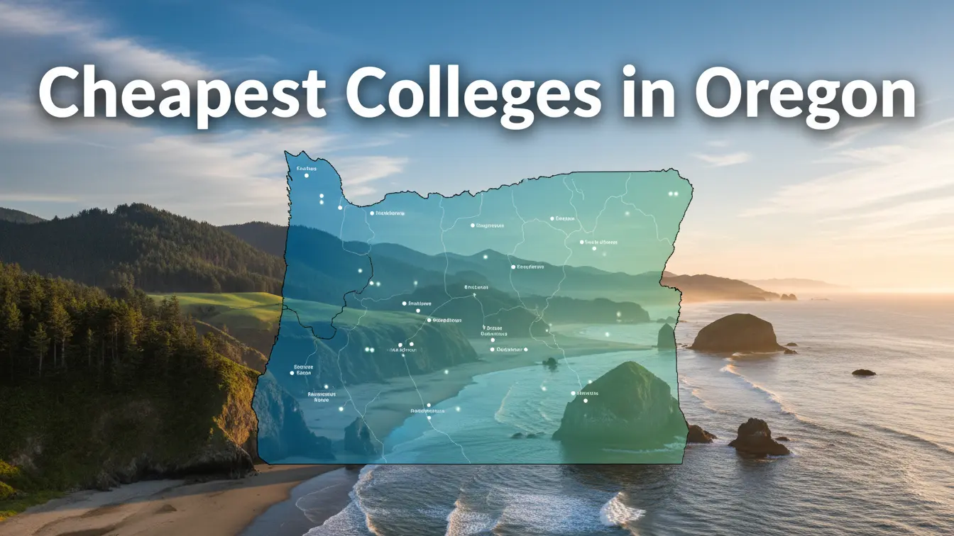 A map of Oregon over a coastal landscape with the text “Cheapest Colleges in Oregon” at the top, highlighting Affordable Colleges Oregon for students planning ahead for 2026. Uploaded on aifreeforever.com
