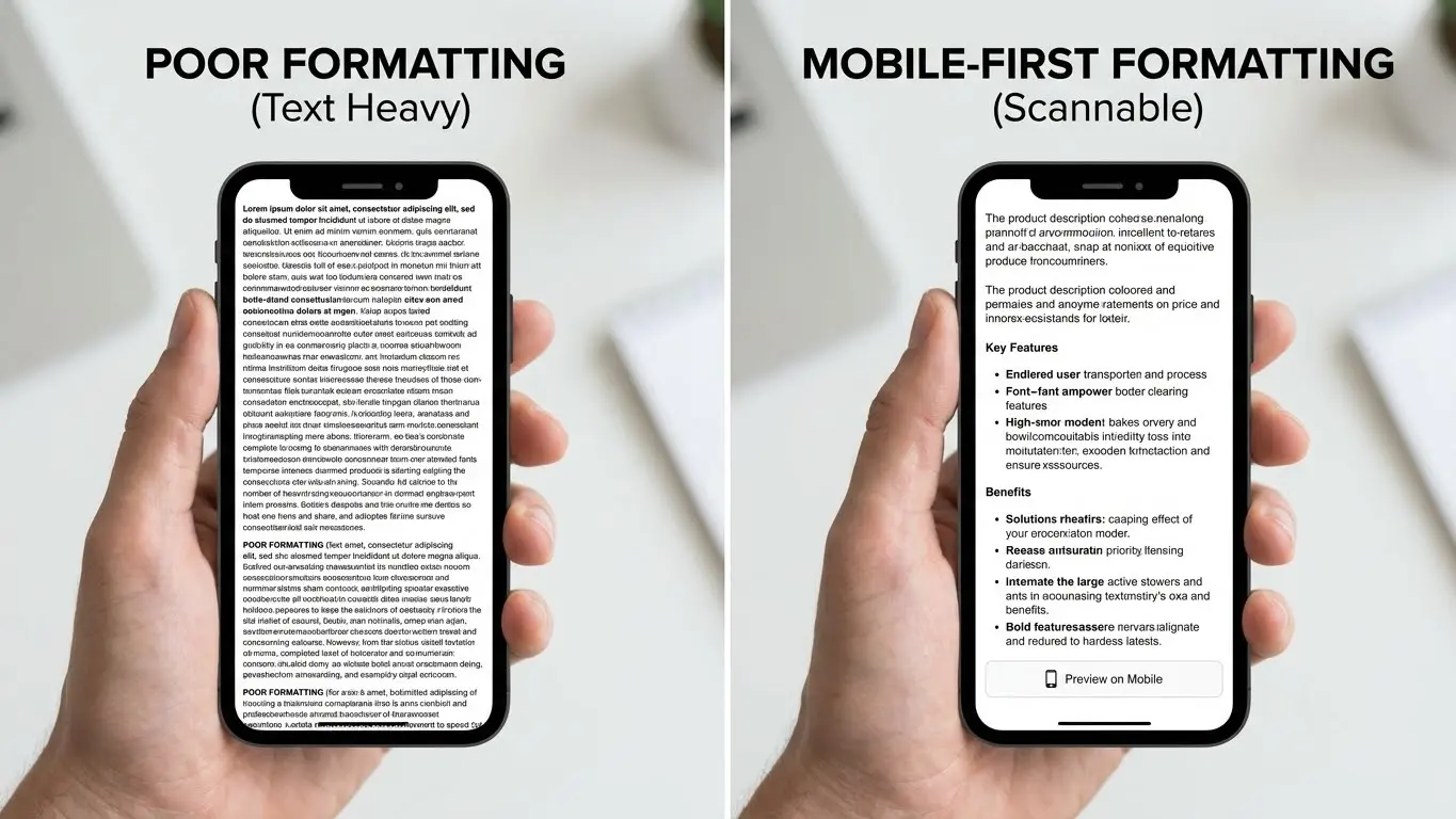 Side-by-side comparison of two smartphones: the left screen shows dense, text-heavy formatting; the right screen, ideal for a 2026 Shopify product description, features clear headings, bullet points, and spacing—demonstrating effective writing tips. Uploaded on aifreeforever.com