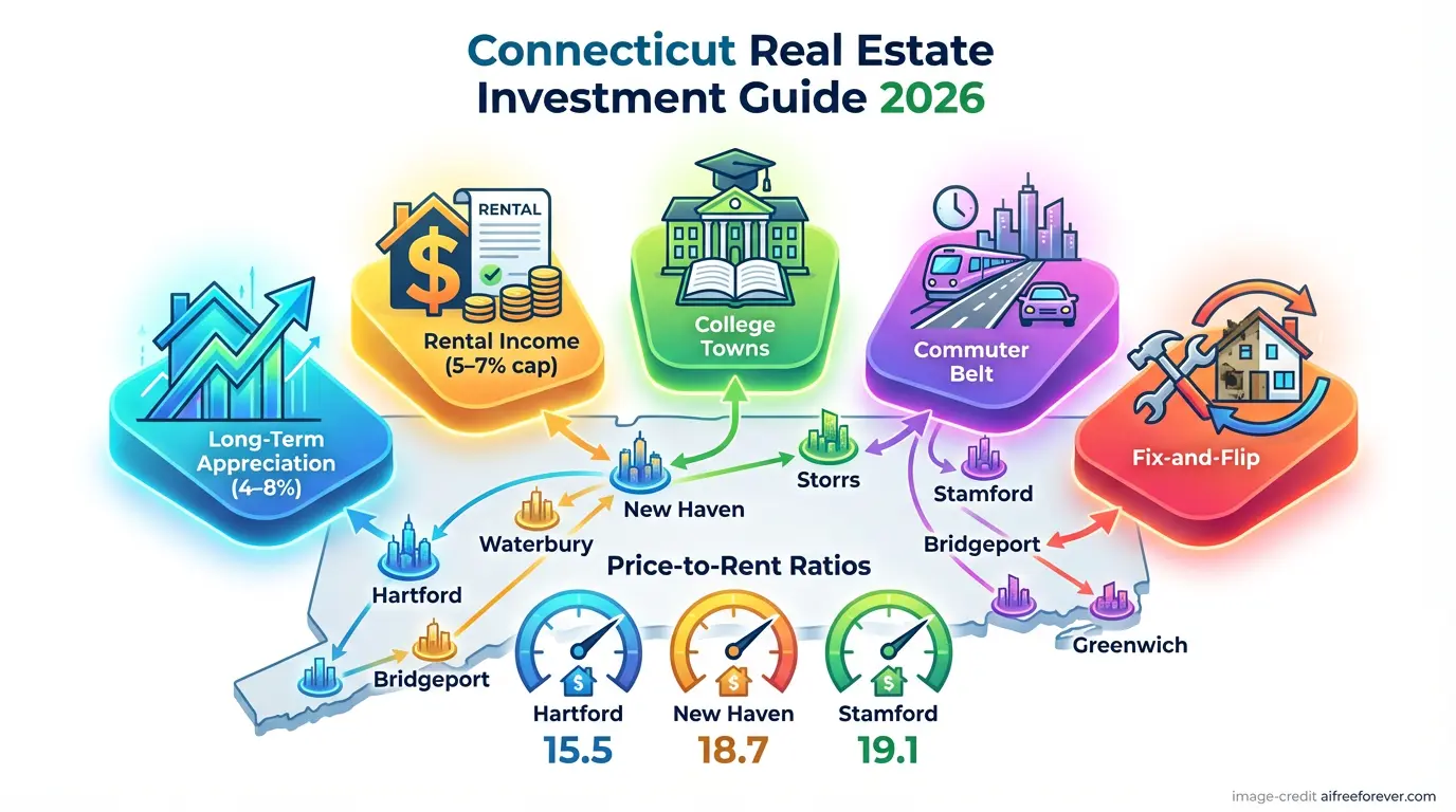 Infographic map showing Connecticut real estate investment strategies in 2026, featuring icons for appreciation, rental income, college towns, commuter belt, and fix-and-flip, plus price-to-rent ratios and a 2026 forecast for Connecticut home prices. Uploaded on aifreeforever.com