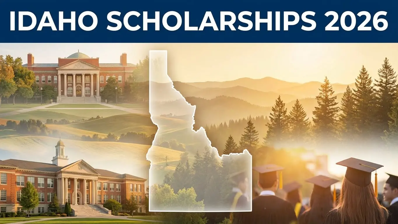 A collage featuring Idaho college buildings, a map outline of Idaho, students in graduation caps, and text reading “Idaho Scholarships 2026”—perfect for Idaho residents seeking scholarships. Uploaded on aifreeforever.com
