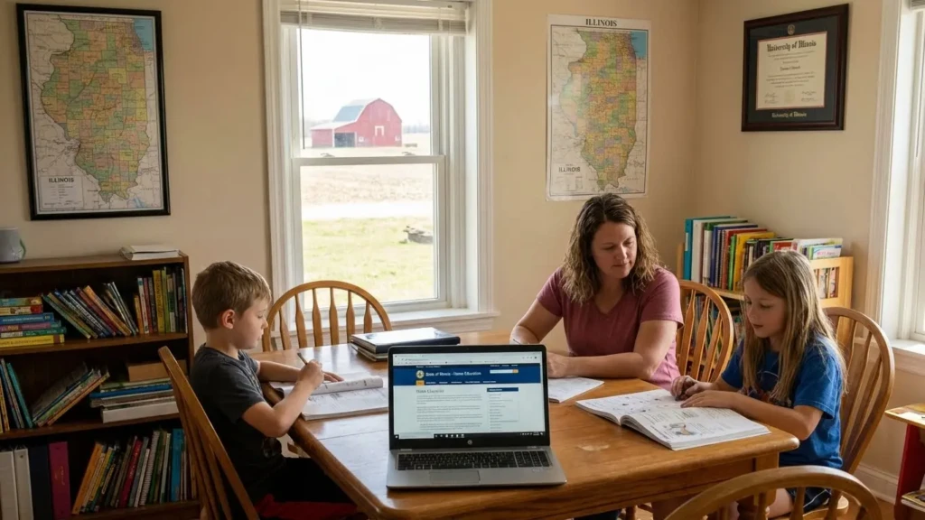 A woman and two children study at a table in a room with bookshelves, maps on the wall, and a laptop open in the foreground. Through the window, a farm is visible—showcasing homeschooling in Illinois within a cozy, rural setting. Uploaded on aifreeforever.com