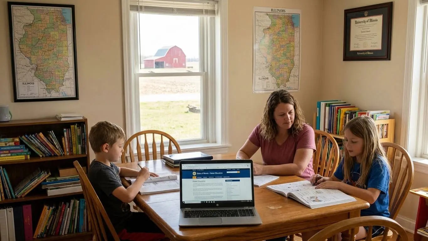 A woman and two children study at a table in a room with bookshelves, maps on the wall, and a laptop open in the foreground. Through the window, a farm is visible—showcasing homeschooling in Illinois within a cozy, rural setting. Uploaded on aifreeforever.com